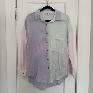 Simply Southern Pastel Colorblock Button-Up Shirt Collared Long Sleeve S/M